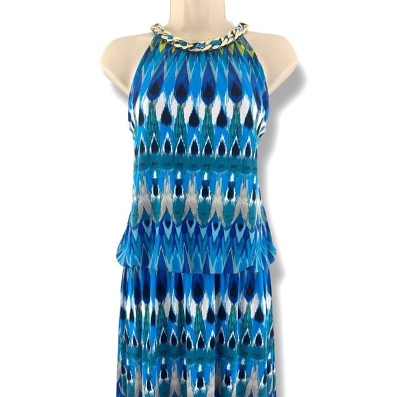 Dressbarn Blue Ikat Print Gold Chain Halter Neck Blouson Maxi Dress Sz 16 Summer - Picture 2 of 9